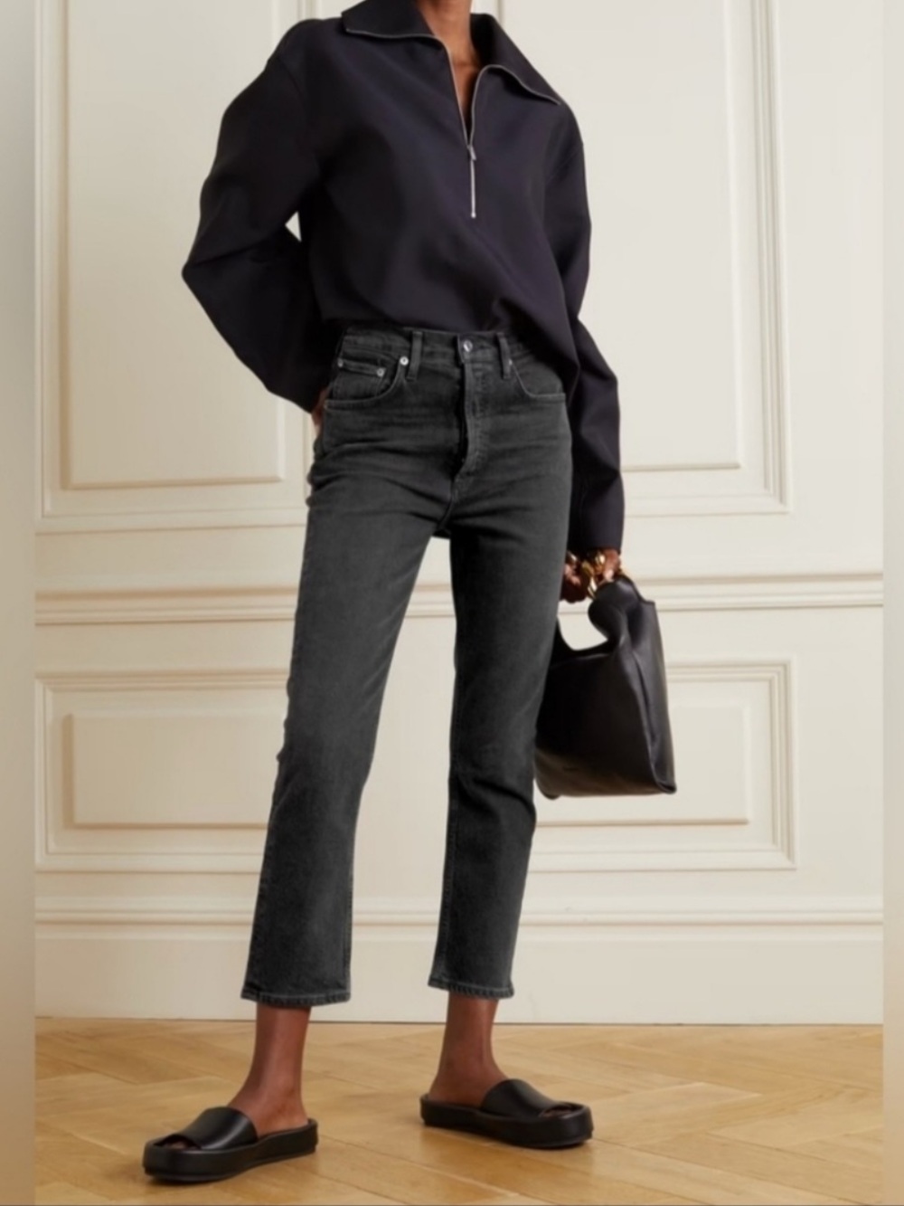 Agolde Riley Crop High Rise Button Fly Jeans In Washed Black Denim ๐ค - Picture 2 of 8